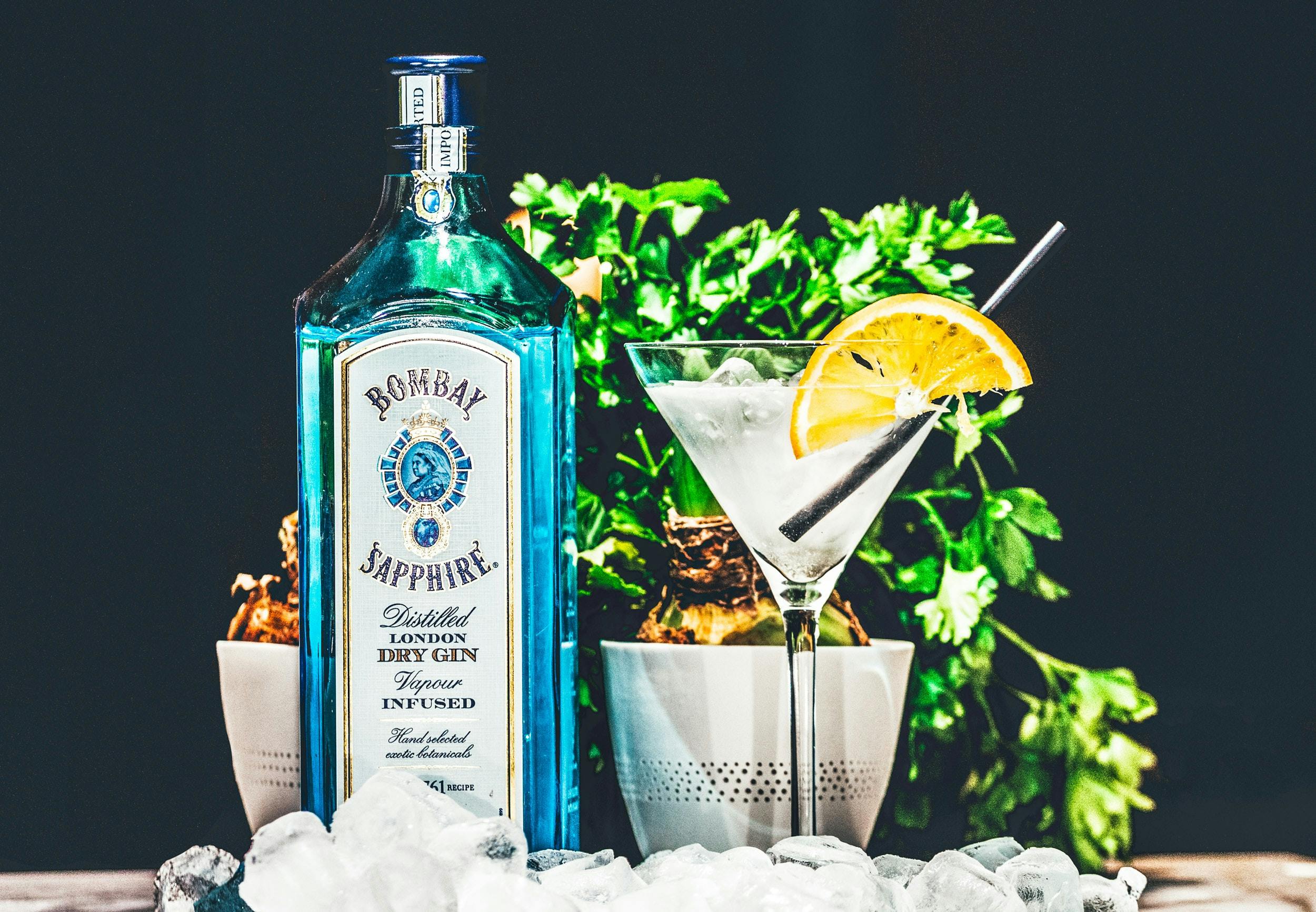 A bottle of Bombay Sapphire gin